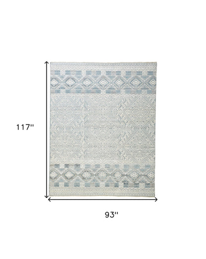 8 x 10 Ivory Blue & Gray Geometric Hand Knotted Rug