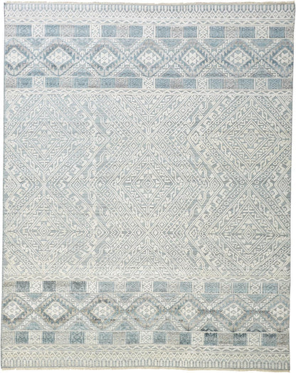 9 x 12 Ivory Blue & Gray Geometric Hand Knotted Rug