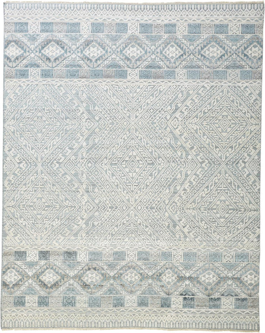 9 x 12 Ivory Blue & Gray Geometric Hand Knotted Rug