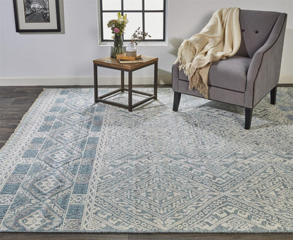 9 x 12 Ivory Blue & Gray Geometric Hand Knotted Rug