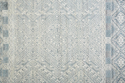 9 x 12 Ivory Blue & Gray Geometric Hand Knotted Rug