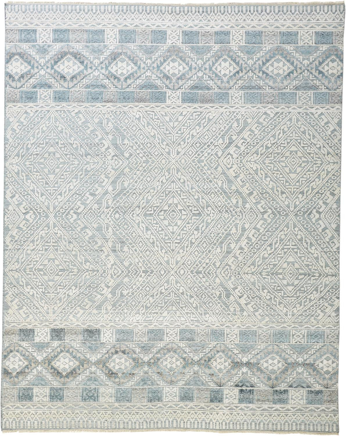 12 x 15 Ivory Blue & Gray Geometric Hand Knotted Rug