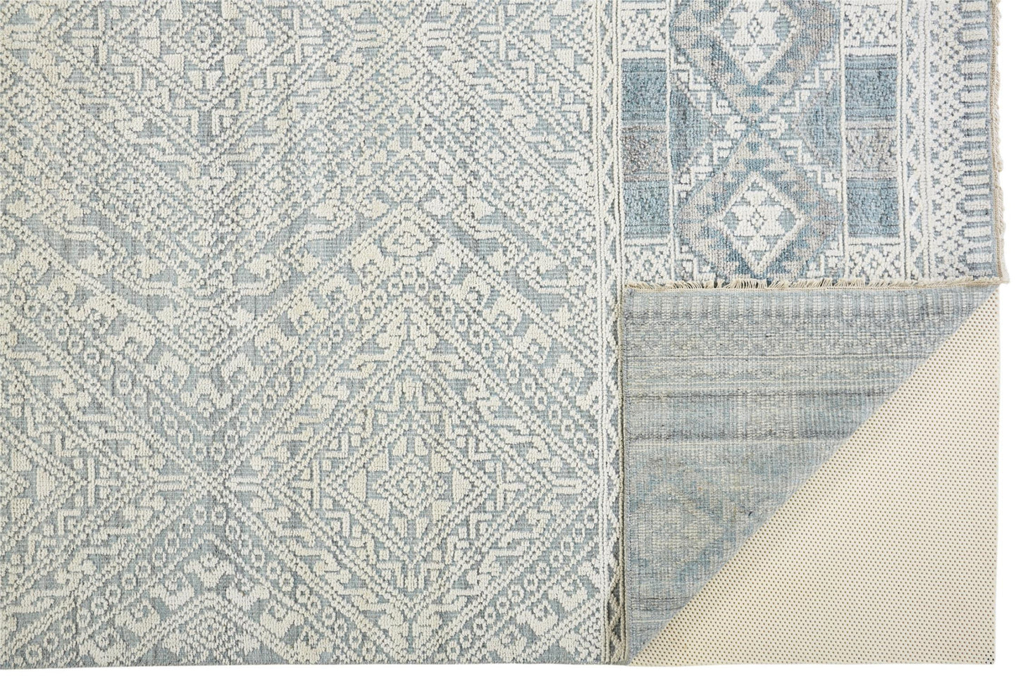12 x 15 Ivory Blue & Gray Geometric Hand Knotted Rug