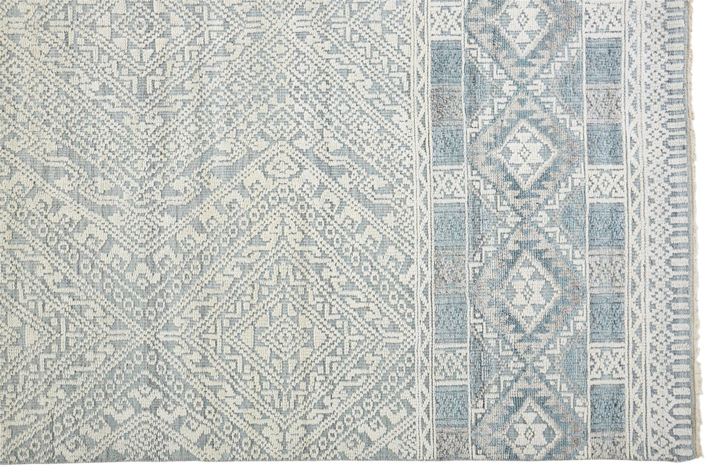 12 x 15 Ivory Blue & Gray Geometric Hand Knotted Rug