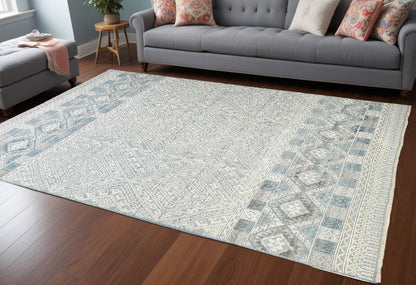 12 x 15 Ivory Blue & Gray Geometric Hand Knotted Rug