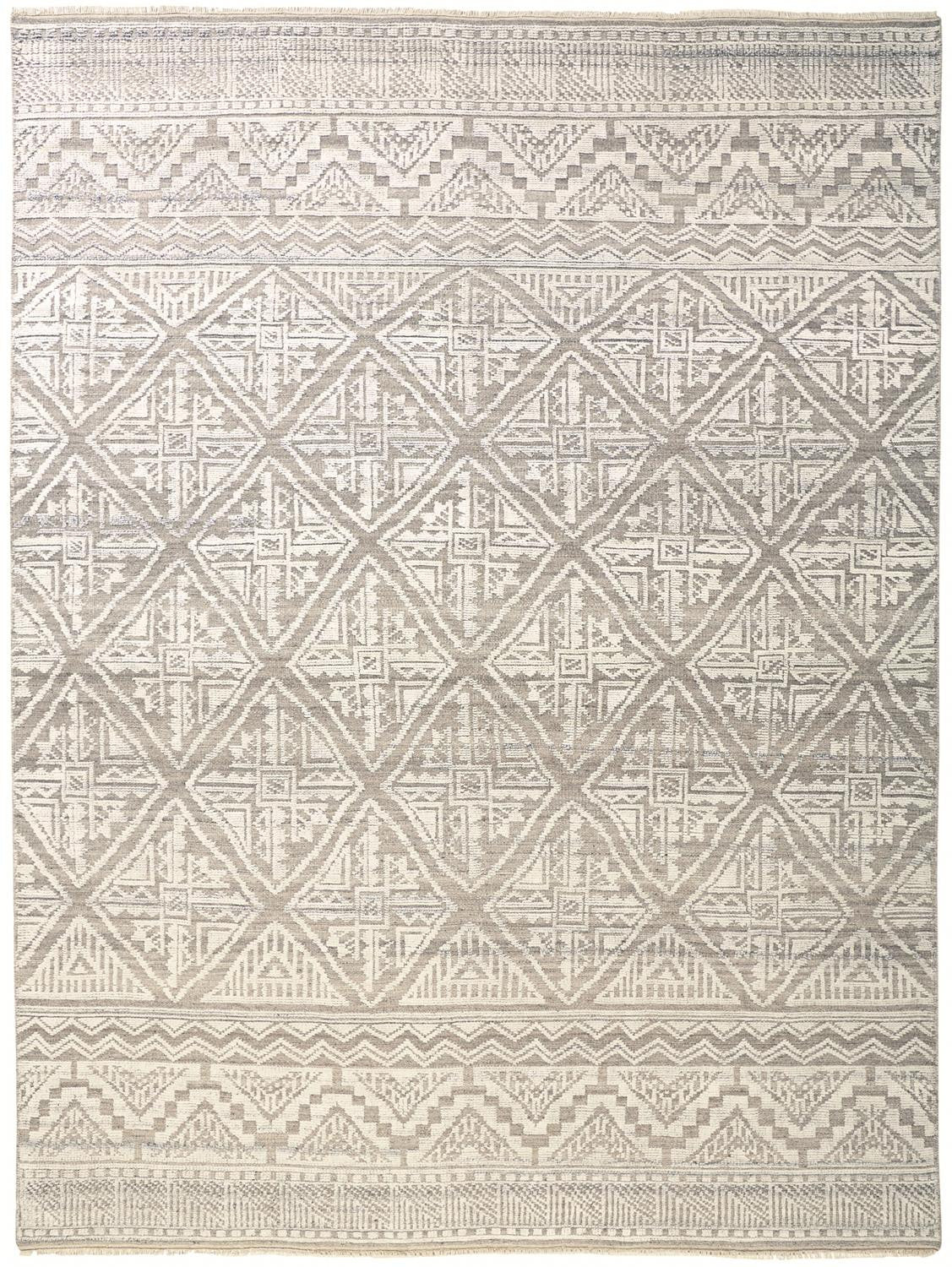 8 x 10 Ivory Tan & Gray Geometric Hand Knotted Rug