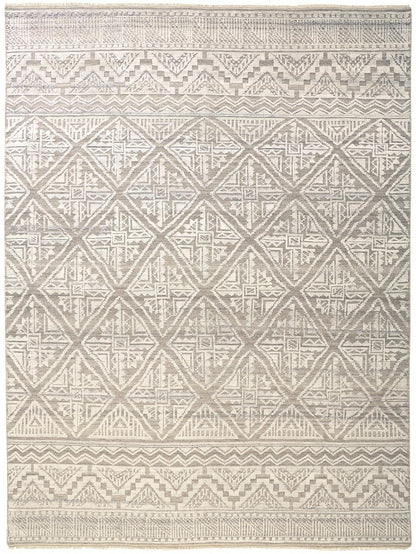 10 x 13 Ivory Tan & Gray Geometric Hand Knotted Rug