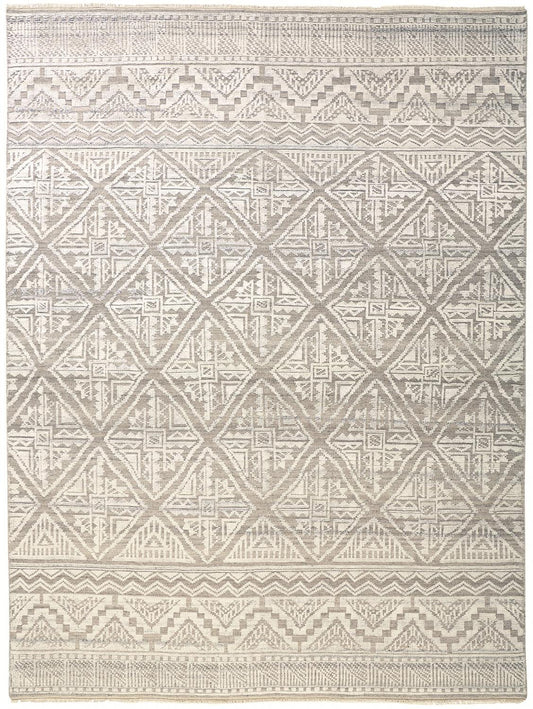 10 x 13 Ivory Tan & Gray Geometric Hand Knotted Rug