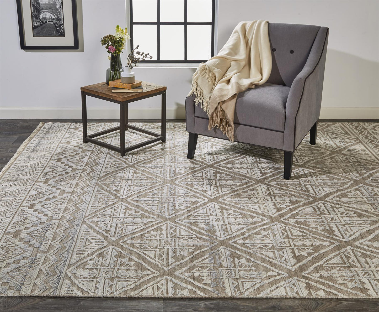 10 x 13 Ivory Tan & Gray Geometric Hand Knotted Rug