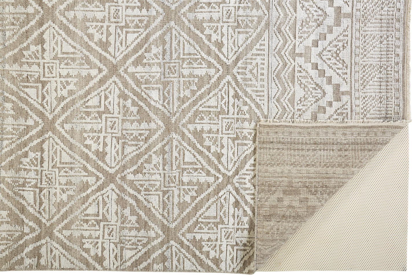 10 x 13 Ivory Tan & Gray Geometric Hand Knotted Rug