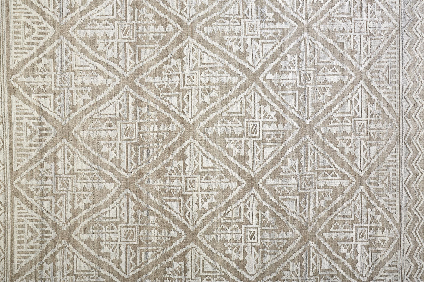 10 x 13 Ivory Tan & Gray Geometric Hand Knotted Rug