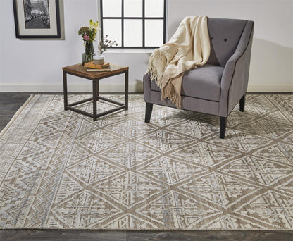 12 x 15 Tan & Ivory Geometric Hand Knotted Rug
