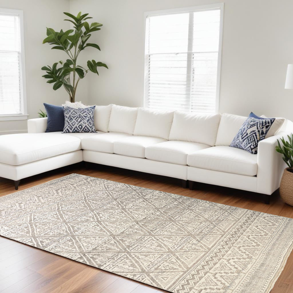 12 x 15 Tan & Ivory Geometric Hand Knotted Rug