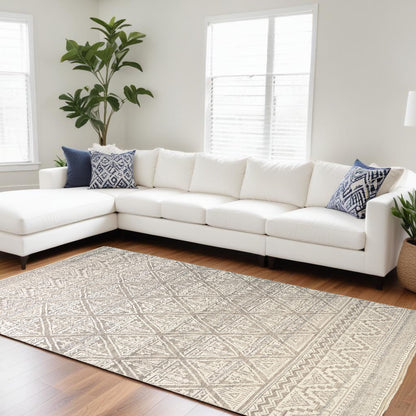12 x 15 Tan & Ivory Geometric Hand Knotted Rug