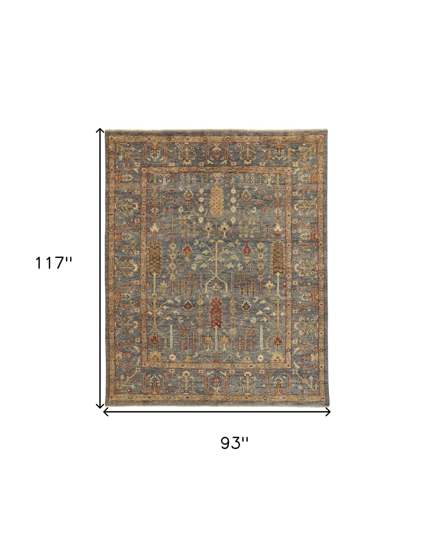8 x 10 Gray Gold & Red Wool Floral Hand Knotted Stain Resistant Rug With Fringe