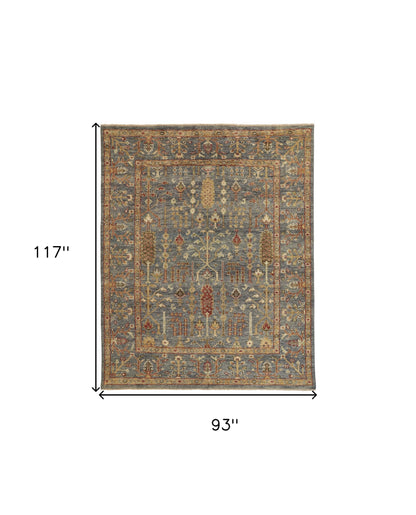 8 x 10 Gray Gold & Red Wool Floral Hand Knotted Stain Resistant Rug With Fringe