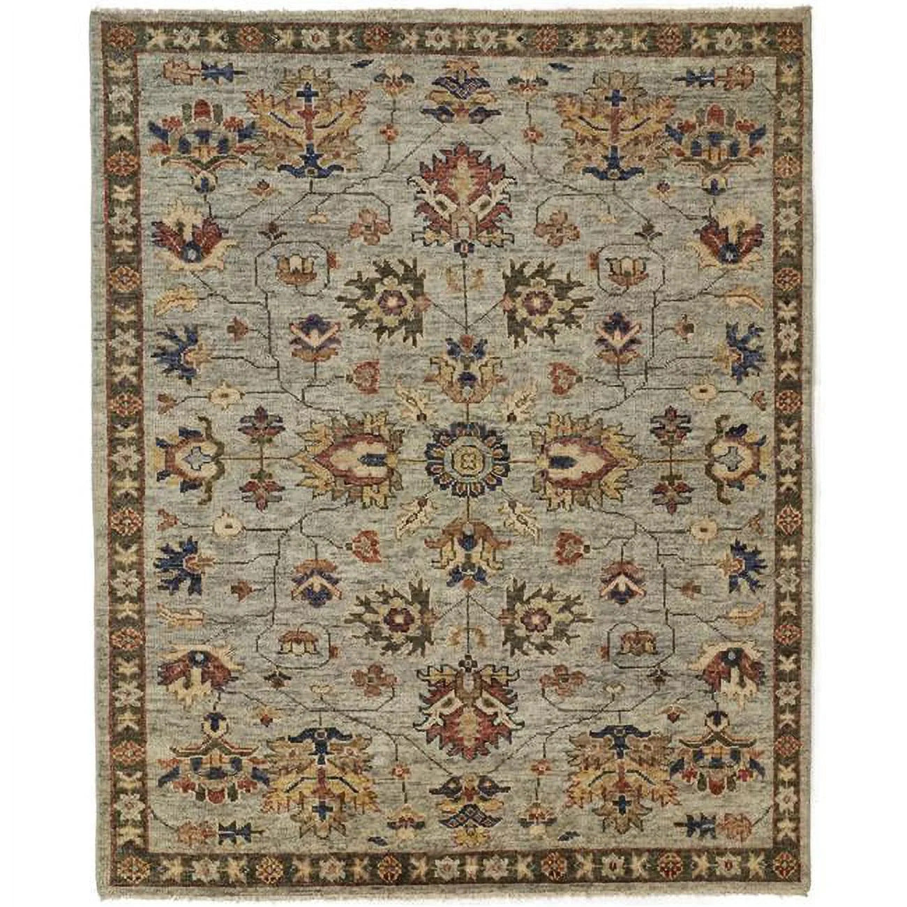 9 x 12 Gray Gold & Red Wool Floral Hand Knotted Stain Resistant Rug With Fringe