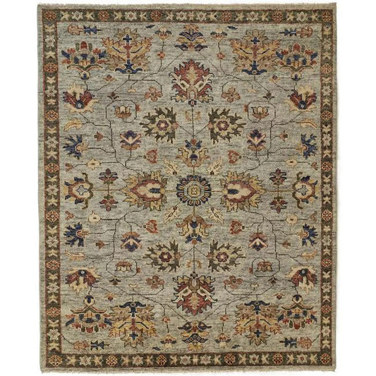 9 x 12 Gray Gold & Red Wool Floral Hand Knotted Stain Resistant Rug With Fringe