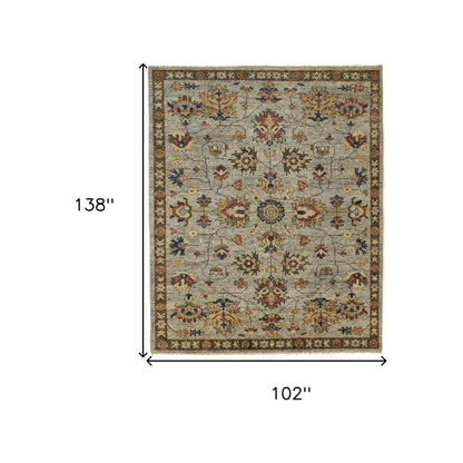 9 x 12 Gray Gold & Red Wool Floral Hand Knotted Stain Resistant Rug With Fringe