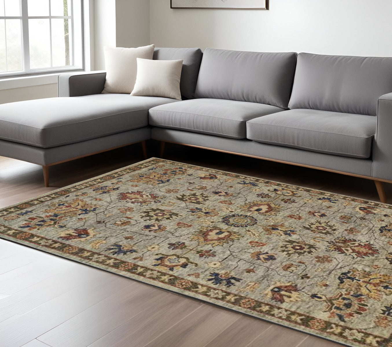 9 x 12 Gray Gold & Red Wool Floral Hand Knotted Stain Resistant Rug With Fringe