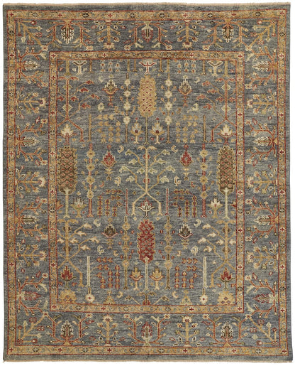 10 x 13 Gray Gold & Red Wool Floral Hand Knotted Stain Resistant Rug With Fringe