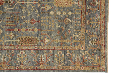 10 x 13 Gray Gold & Red Wool Floral Hand Knotted Stain Resistant Rug With Fringe