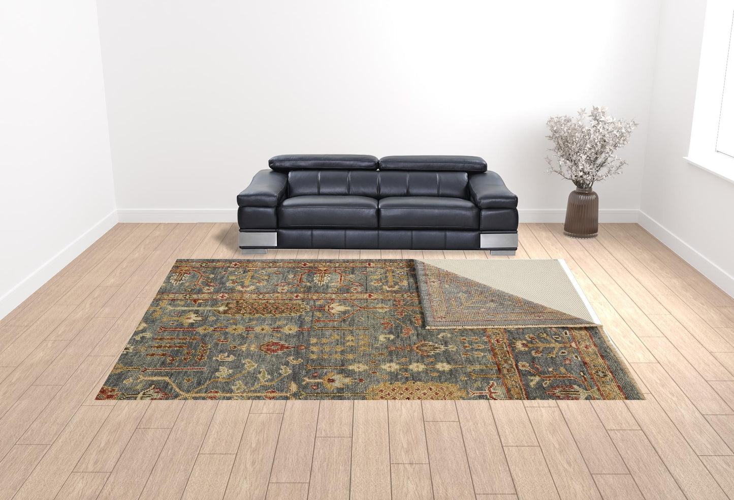 12 x 15 Gray Gold & Red Wool Floral Hand Knotted Stain Resistant Rug With Fringe