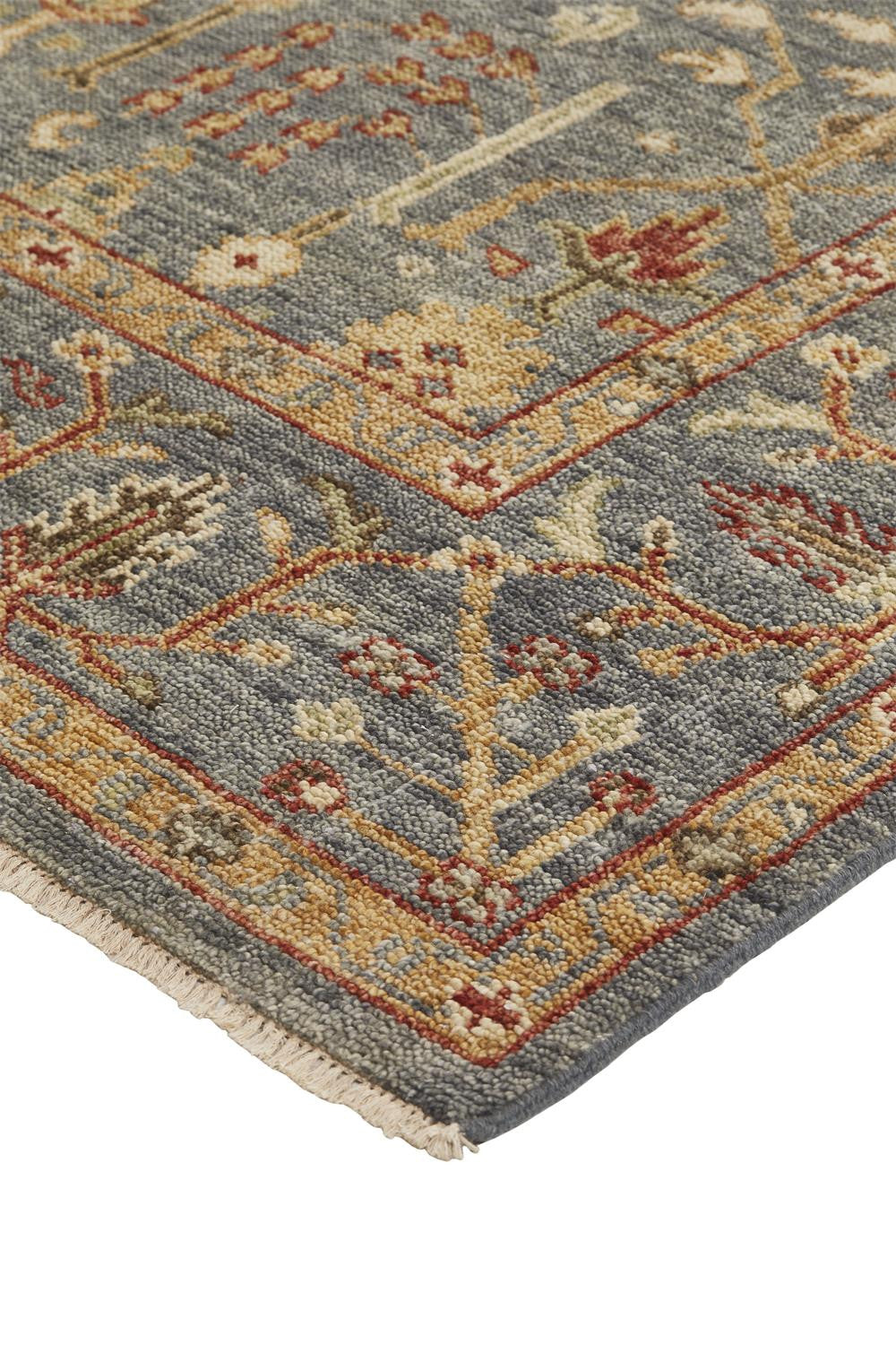 12 x 15 Gray Gold & Red Wool Floral Hand Knotted Stain Resistant Rug With Fringe