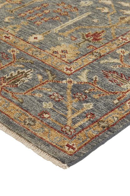 12 x 15 Gray Gold & Red Wool Floral Hand Knotted Stain Resistant Rug With Fringe