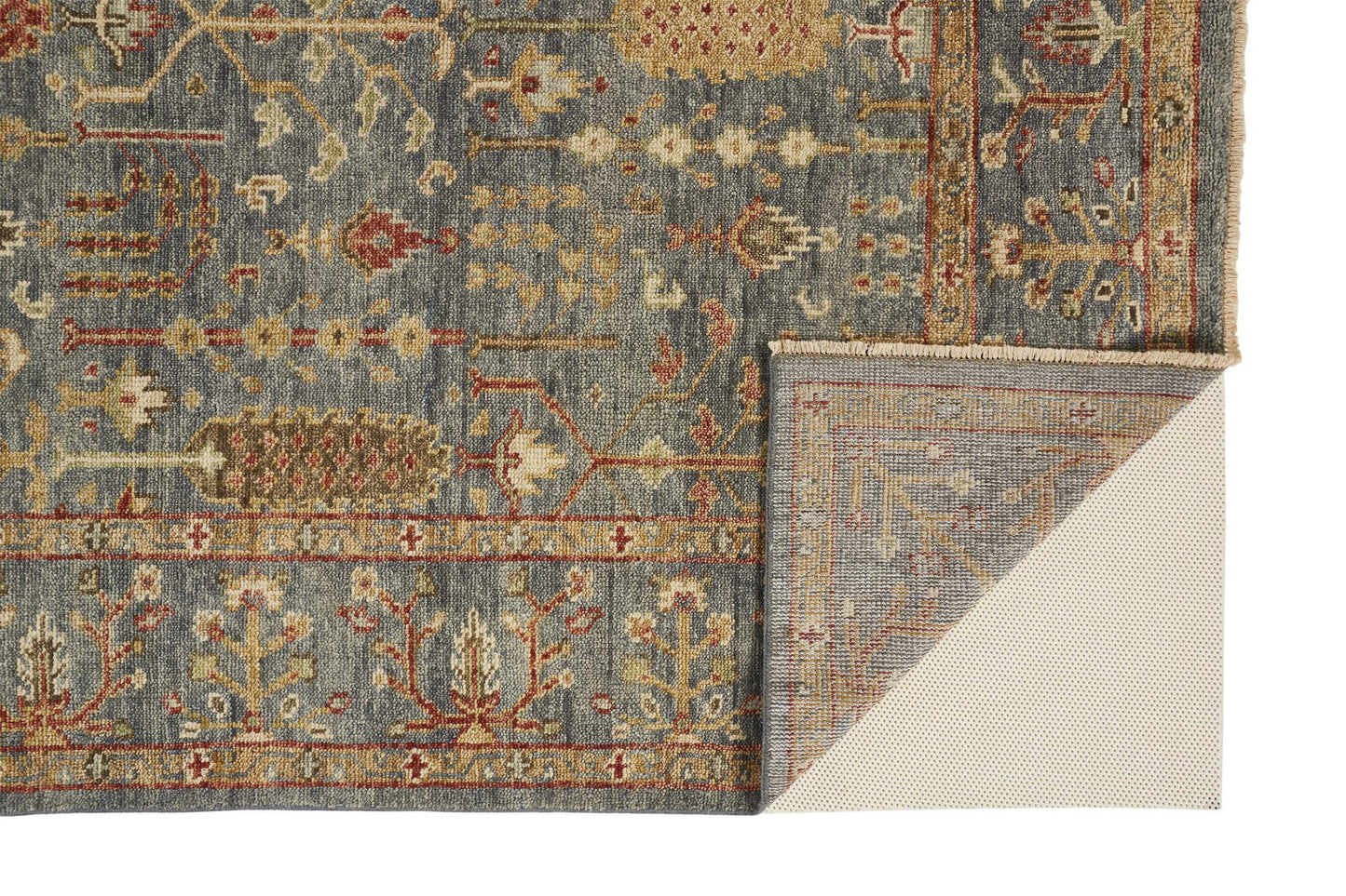 12 x 15 Gray Gold & Red Wool Floral Hand Knotted Stain Resistant Rug With Fringe