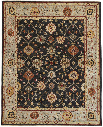 4 x 6 Black Gold & Gray Wool Floral Hand Knotted Stain Resistant Rug With Fringe