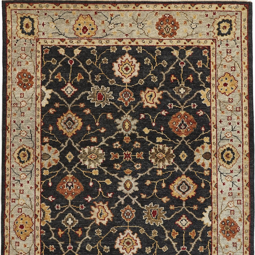 4 x 6 Black Gold & Gray Wool Floral Hand Knotted Stain Resistant Rug With Fringe