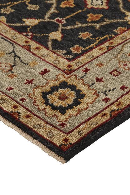 4 x 6 Black Gold & Gray Wool Floral Hand Knotted Stain Resistant Rug With Fringe