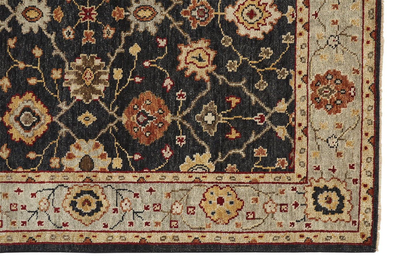 4 x 6 Black Gold & Gray Wool Floral Hand Knotted Stain Resistant Rug With Fringe