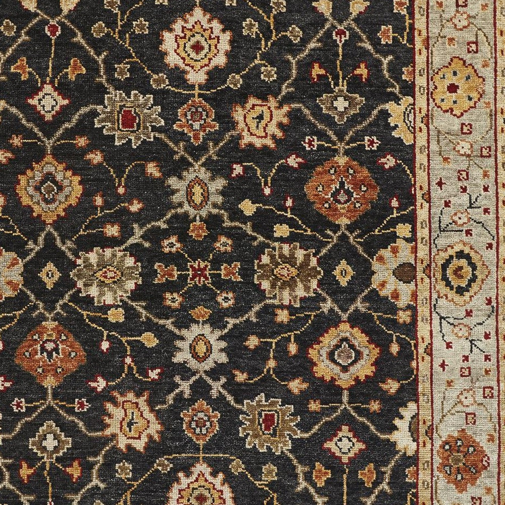 4 x 6 Black Gold & Gray Wool Floral Hand Knotted Stain Resistant Rug With Fringe