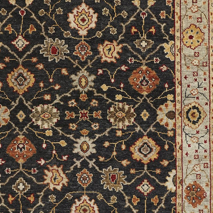 4 x 6 Black Gold & Gray Wool Floral Hand Knotted Stain Resistant Rug With Fringe