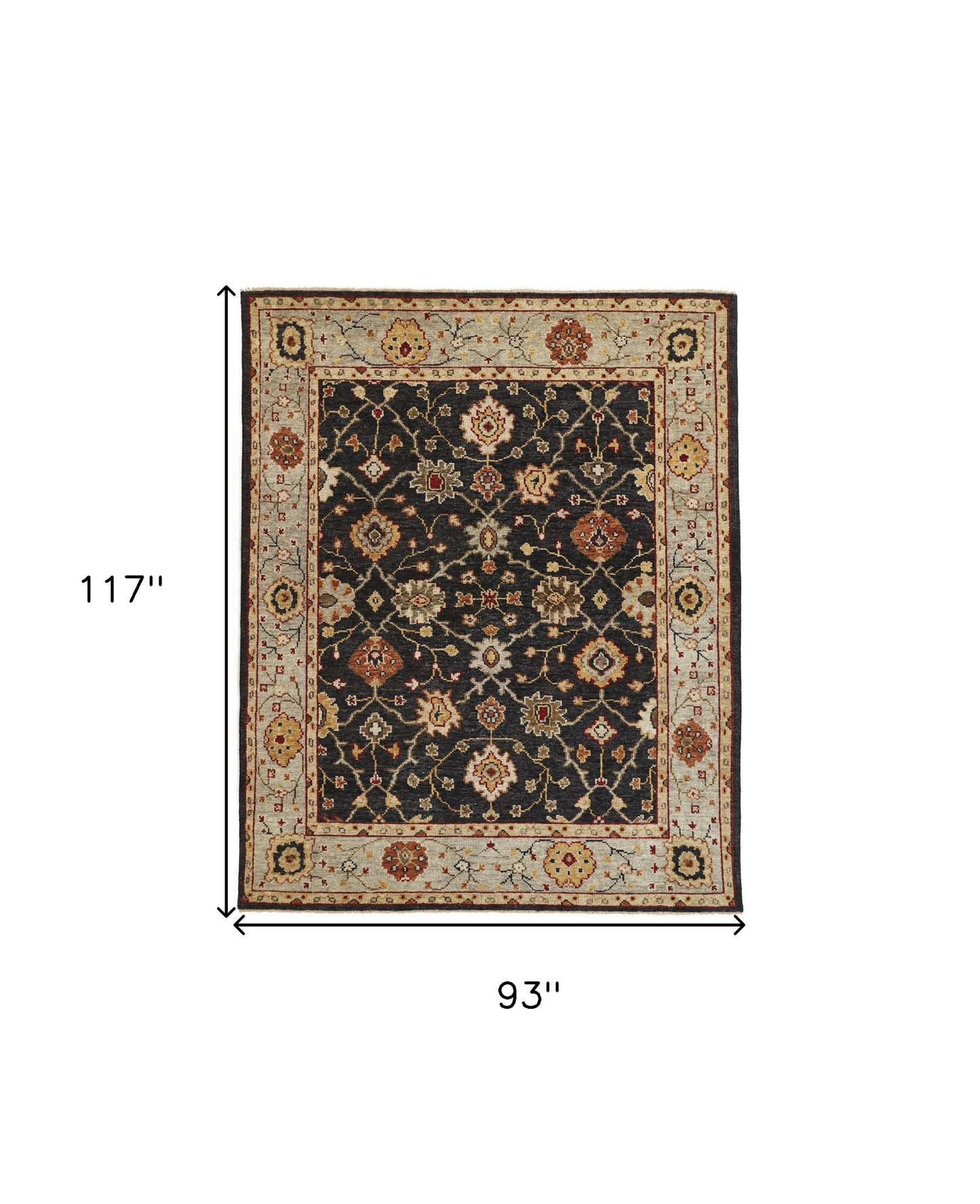 8 x 10 Black Gold & Gray Wool Floral Hand Knotted Stain Resistant Rug With Fringe