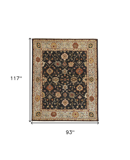 8 x 10 Black Gold & Gray Wool Floral Hand Knotted Stain Resistant Rug With Fringe