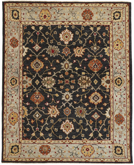 10 x 13 Black Gold & Gray Wool Floral Hand Knotted Stain Resistant Rug With Fringe