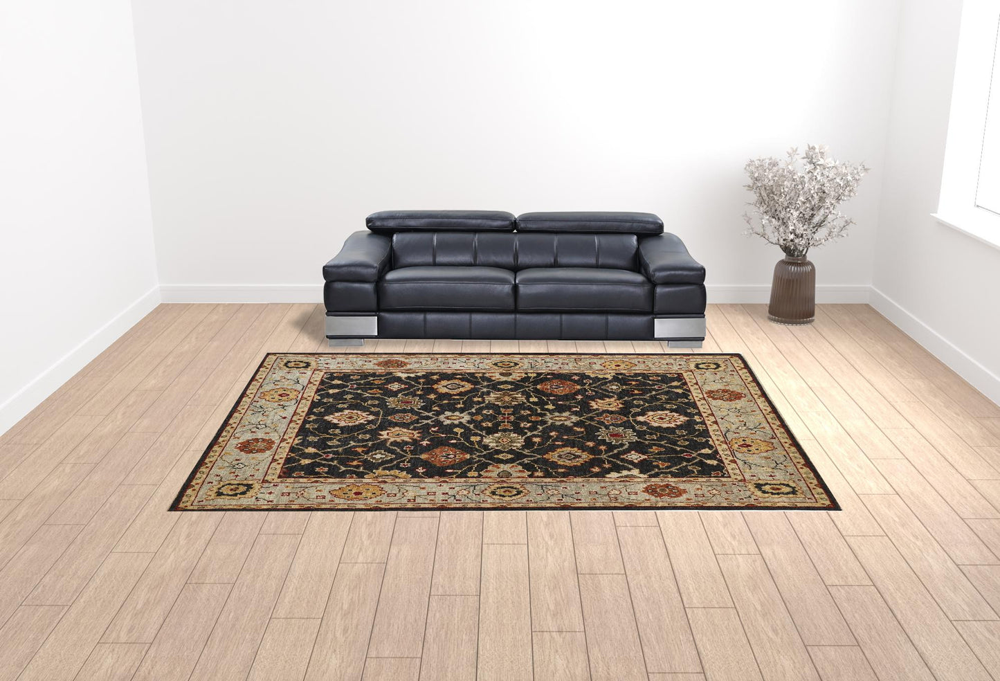 10 x 13 Black Gold & Gray Wool Floral Hand Knotted Stain Resistant Rug With Fringe