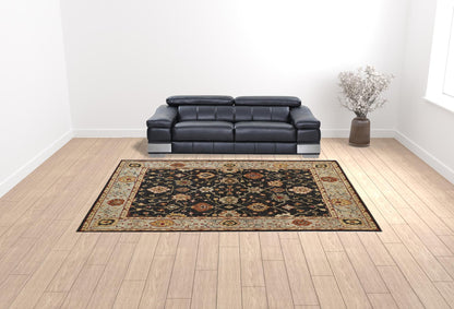 10 x 13 Black Gold & Gray Wool Floral Hand Knotted Stain Resistant Rug With Fringe