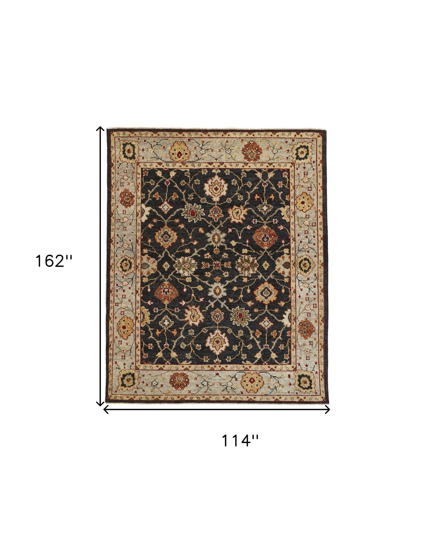 10 x 13 Black Gold & Gray Wool Floral Hand Knotted Stain Resistant Rug With Fringe