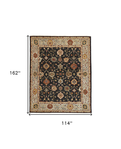 10 x 13 Black Gold & Gray Wool Floral Hand Knotted Stain Resistant Rug With Fringe