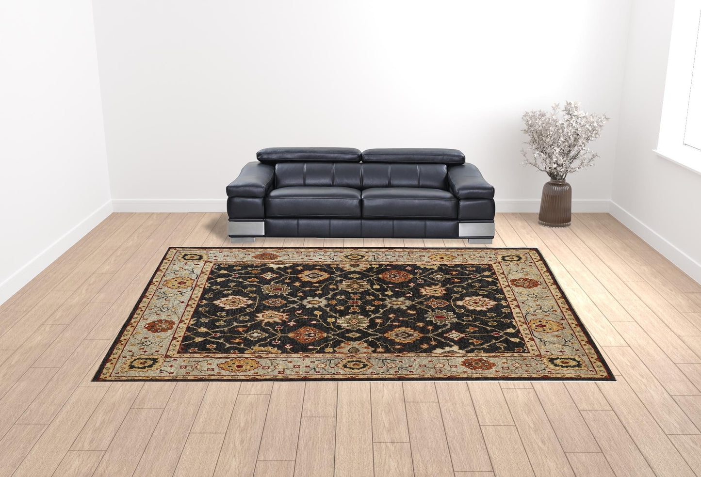 12 x 15 Black Gold & Gray Wool Floral Hand Knotted Stain Resistant Rug With Fringe
