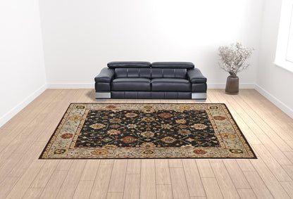 12 x 15 Black Gold & Gray Wool Floral Hand Knotted Stain Resistant Rug With Fringe