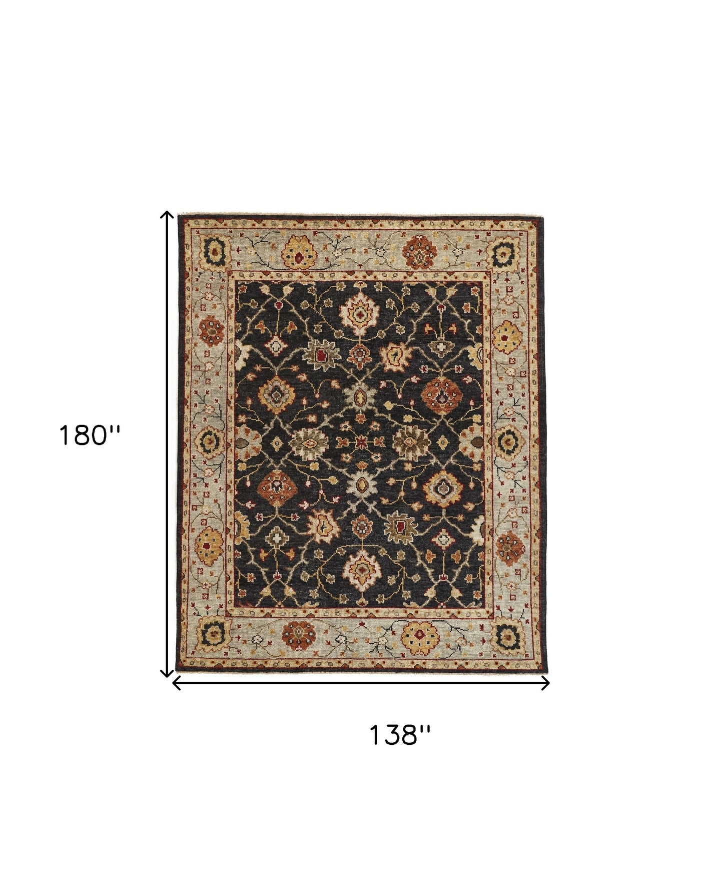 12 x 15 Black Gold & Gray Wool Floral Hand Knotted Stain Resistant Rug With Fringe