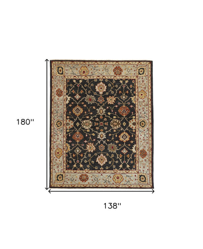 12 x 15 Black Gold & Gray Wool Floral Hand Knotted Stain Resistant Rug With Fringe