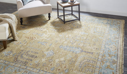 8 x 10 Gold Blue & Gray Wool Floral Hand Knotted Stain Resistant Rug With Fringe
