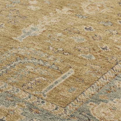 8 x 10 Gold Blue & Gray Wool Floral Hand Knotted Stain Resistant Rug With Fringe