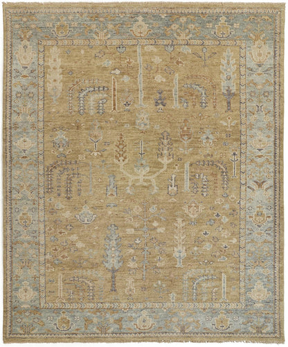 9 x 12 Gold Wool Floral Hand Knotted Stain Resistant Rug With Fringe
